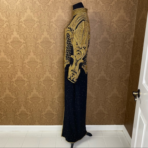 Vintage 70s 80s Beaded Sequin Gold Disco Maxi Cocktail Dress Pageant Gown - Picture 3 of 16